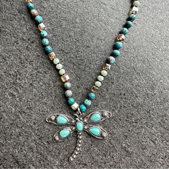 NEW Long Knotted Multi-color Bead Necklace Silver & Turquoise Dragonfly Pendant - Picture 2 of 9
